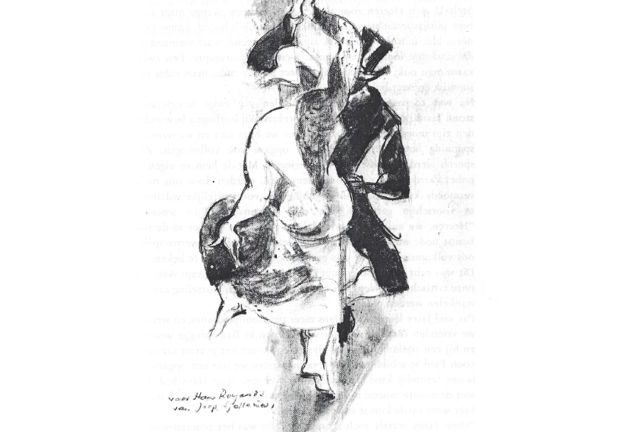 Donkere figuratieve tekening van Joep Stallmans met handgeschreven opdracht aan Hans Royaards, uit het bundeltje Uit de Verf (1972)