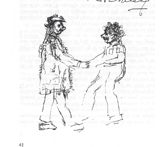 Vluchtige schets van twee figuren die elkaar de hand schudden, levendig en karikaturaal, uit het bundeltje Uit de Verf (1972)
