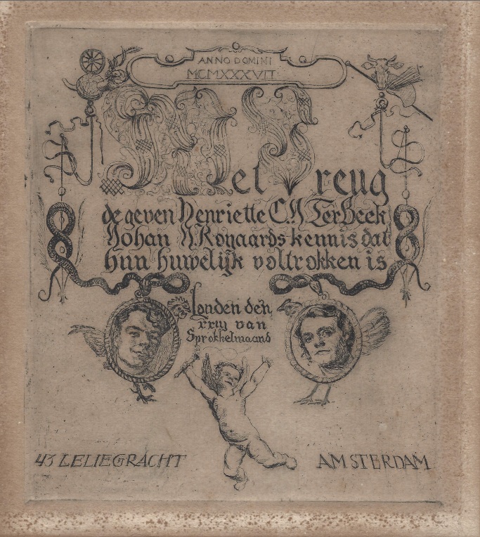 Geëtste kennisgeving van het huwelijk van Henriëtte C.J. ter Beek en Johan J. Royaards, Londen 24 februari 1937, met kalligrafie en twee medaillonportretten