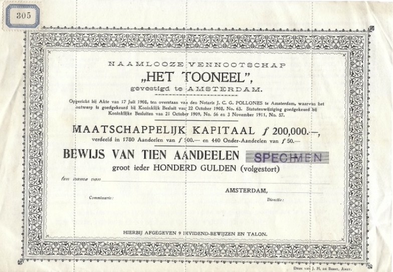 Specimen-aandeel van de N.V. Het Tooneel, opgericht in 1908 door Willem Royaards