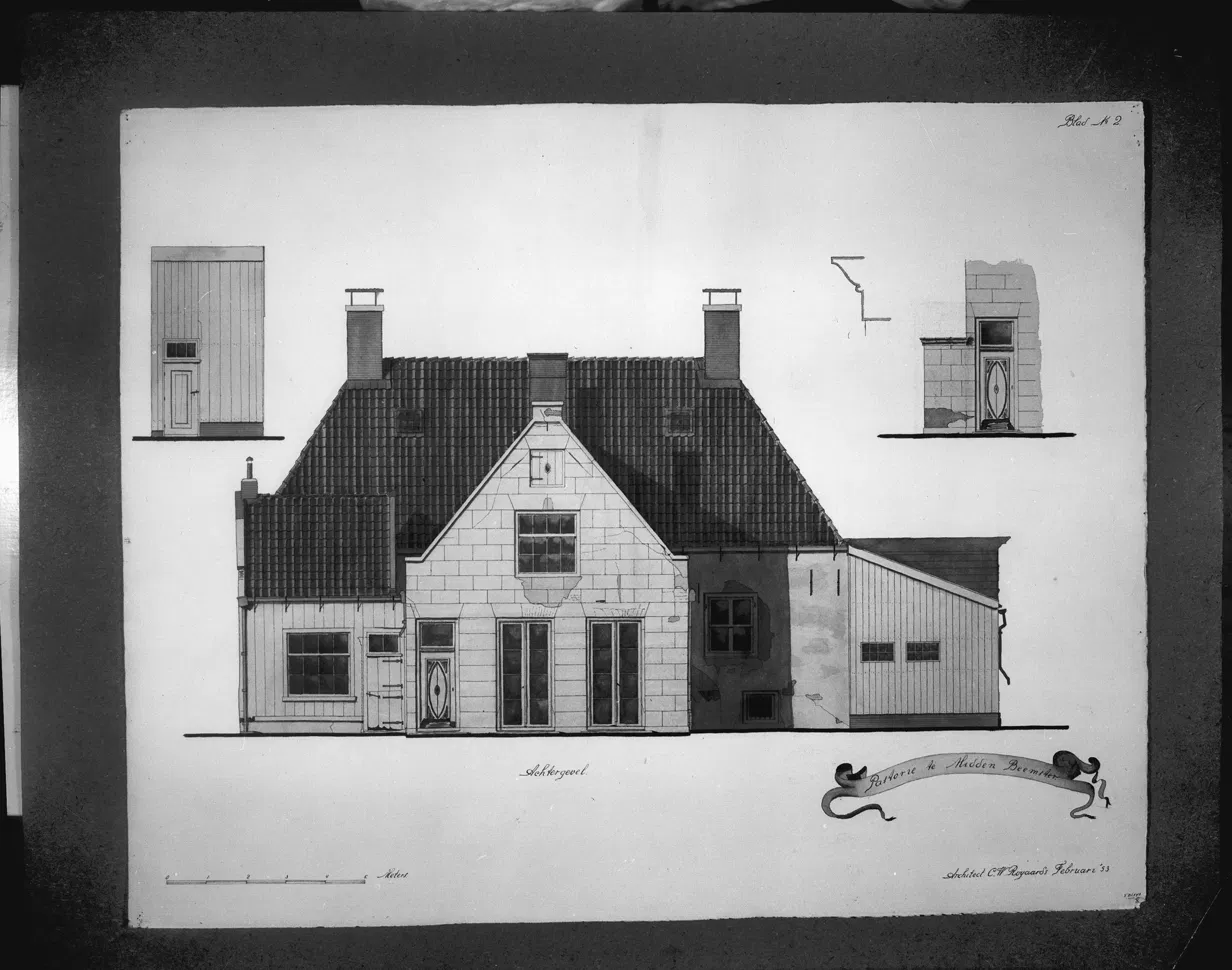 Ontwerptekening achtergevel pastorie Midden Beemster, februari 1953, gesigneerd C.W. Royaards